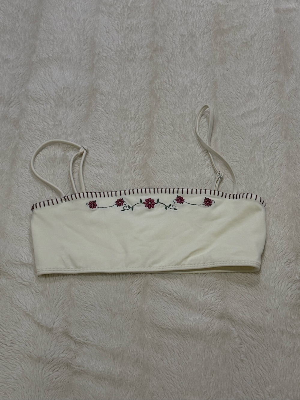 Frankie's Bikinis Cream Floral Embroidered Bandeau Bikini Top